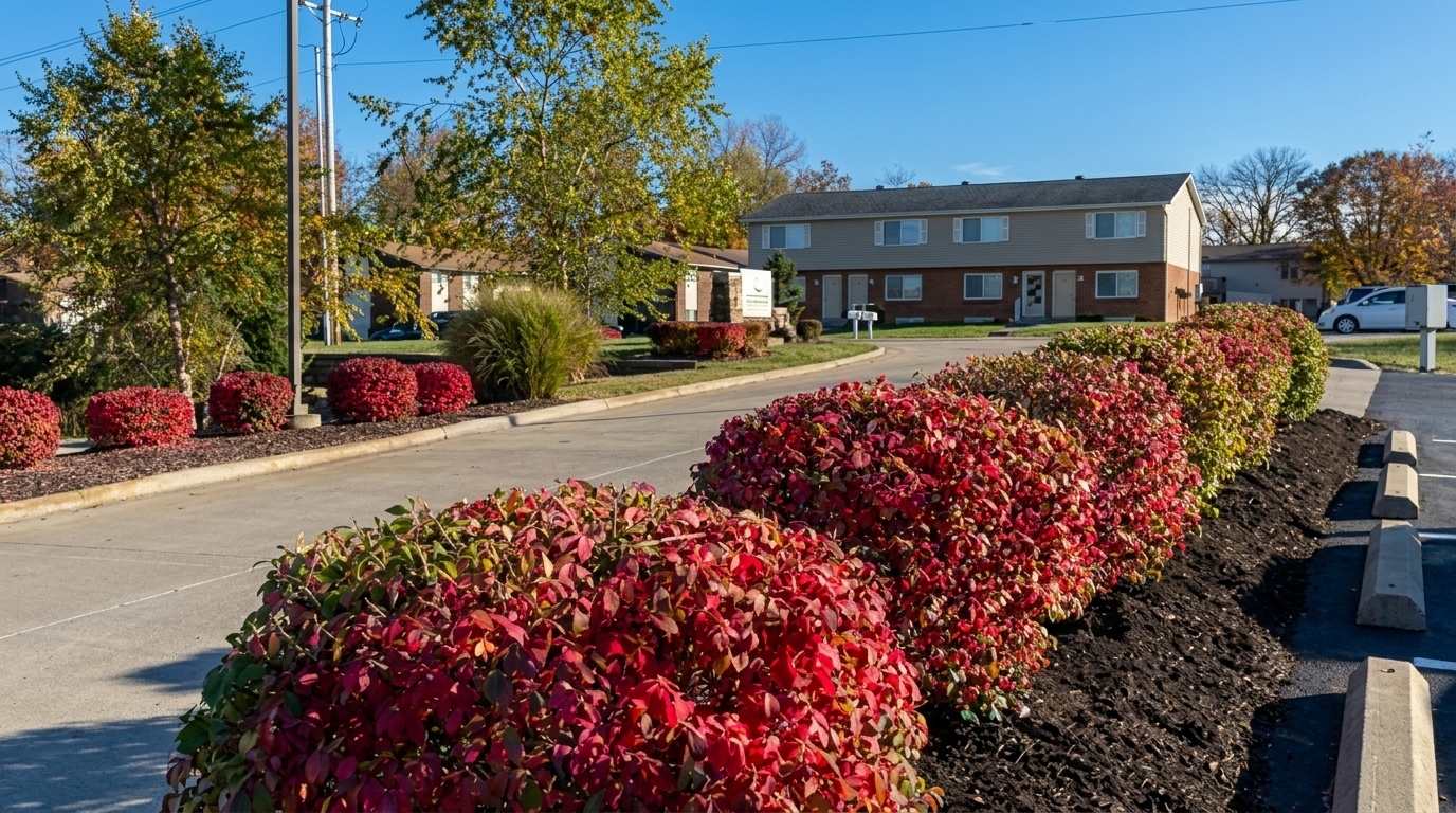 A street scene featuring a house with vibrant red and green bushes in the foreground.