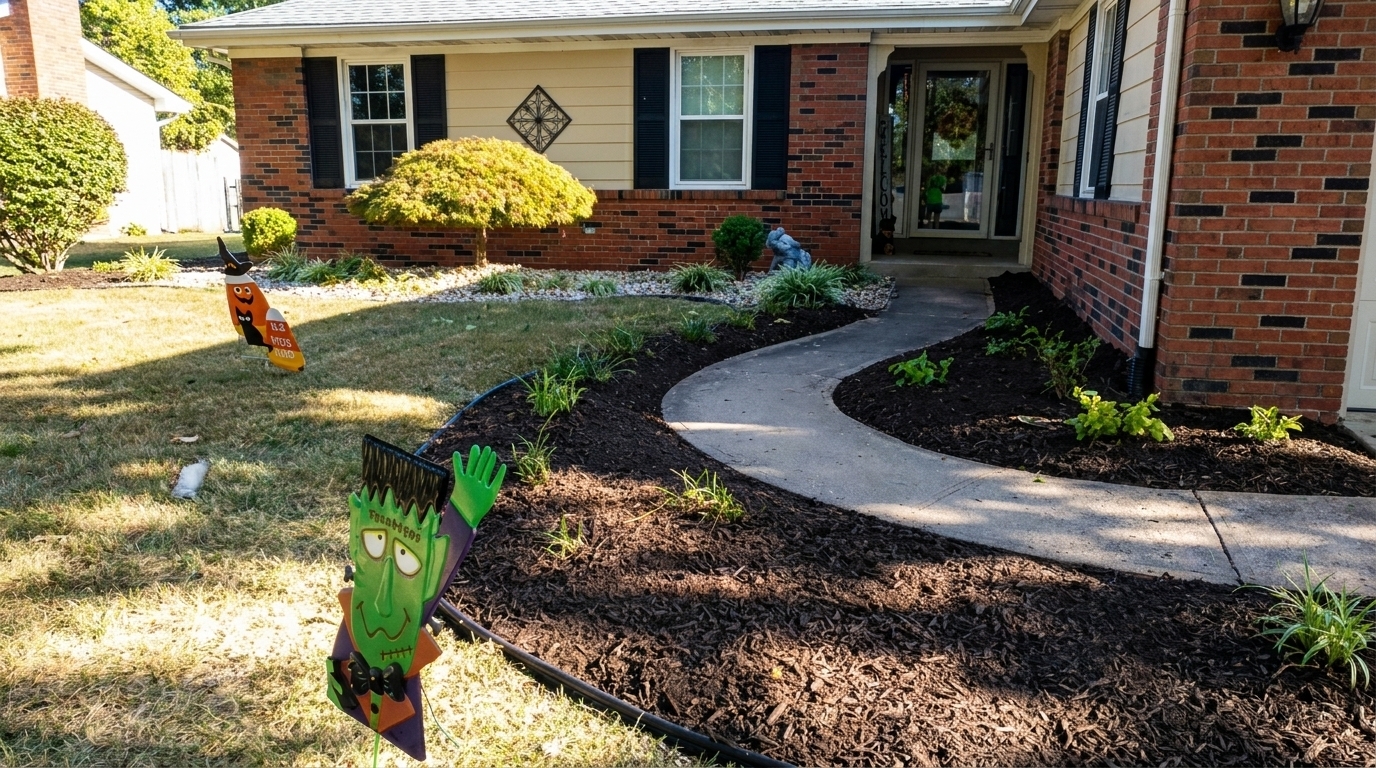 A front yard featuring a Halloween decoration among green grass, creating a festive autumn atmosphere.