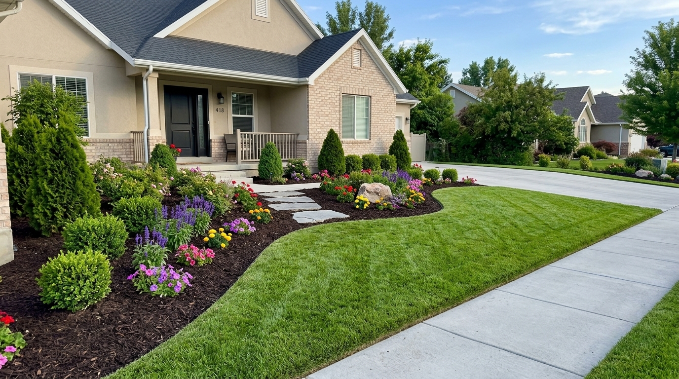 A well-maintained front yard featuring vibrant flowers and carefully arranged landscaping elements.