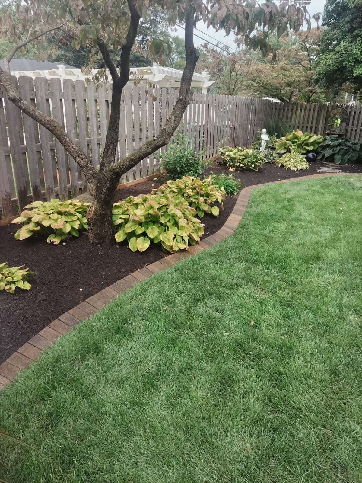 A well-maintained backyard featuring a large tree and decorative landscaping elements.