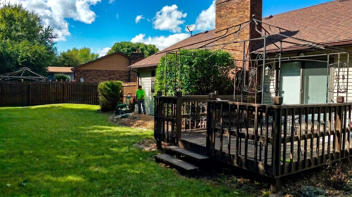A backyard featuring a wooden deck surrounded by a wooden fence, creating a cozy outdoor space.