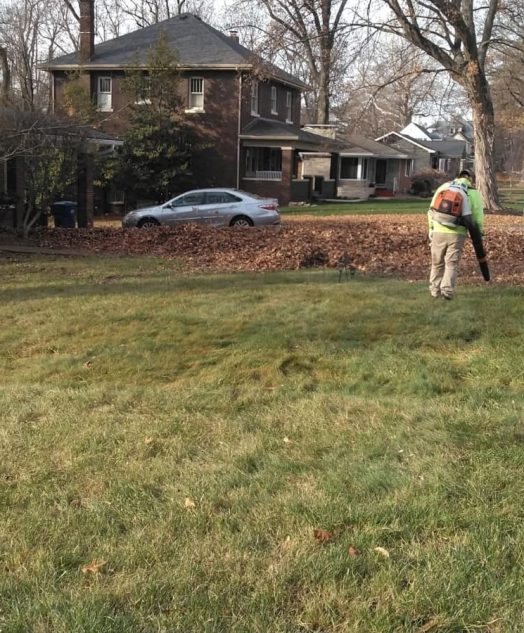 A man using a lawn mower to cut grass in a residential neighborhood, surrounded by houses and greenery.