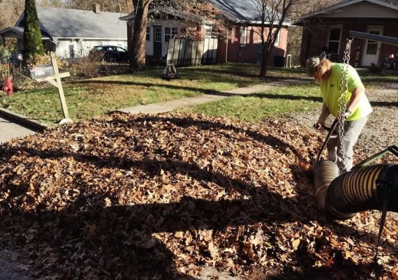 A man operates a leaf blower, clearing fallen leaves from a yard on a sunny day.